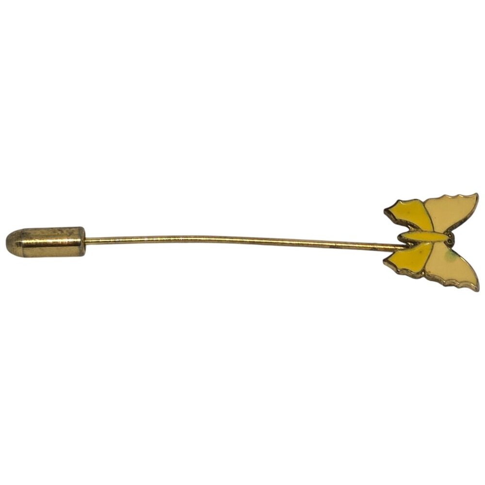 Yellow Enamel Butterfly Stick Pin Brooch Gold Tone Lapel Hat Pin Costume Jewelry